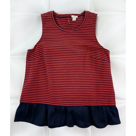 J Crew Sz M Nautical Striped Ruffle Hem Peplum Knit Tank Top Blouse Red Navy - Picture 3 of 8
